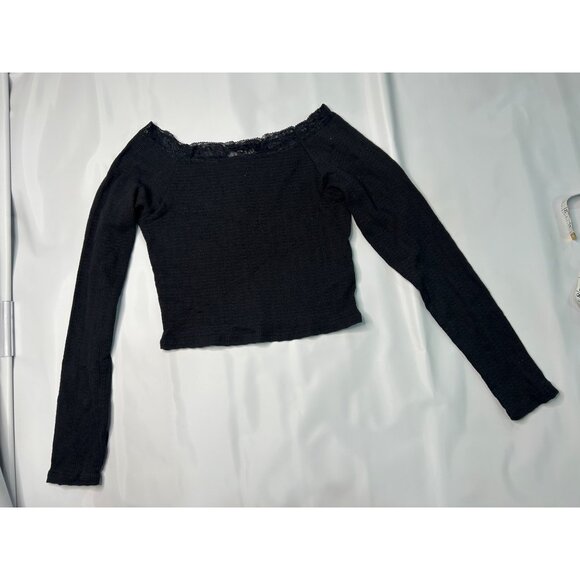 Off-Shoulder Black Crop Top Outlaw Womens L Ribbed Knit Long Sleeve - Picture 4 of 8